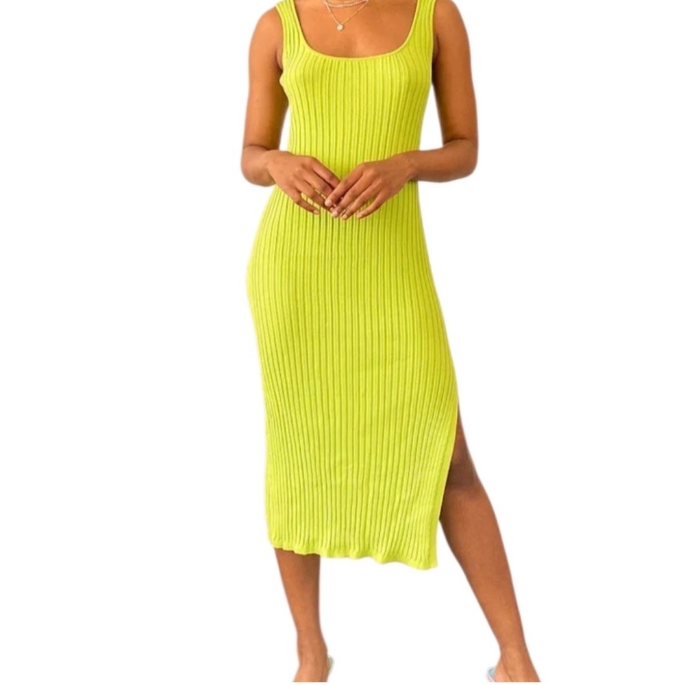Line & Dot Lime Green Ribbed Dress - M - NWT Bodycon Midi